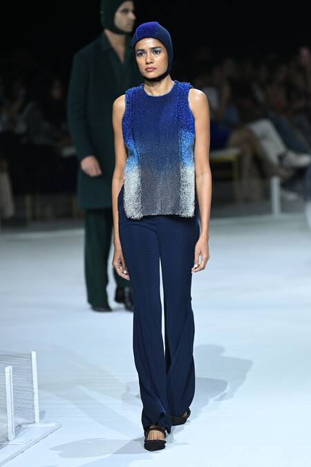 Buy_Somya Goyal_Blue Viscose, Polyester, Spandex Crew Neck Gradient Abyss Top _Online_at_Aza_Fashions