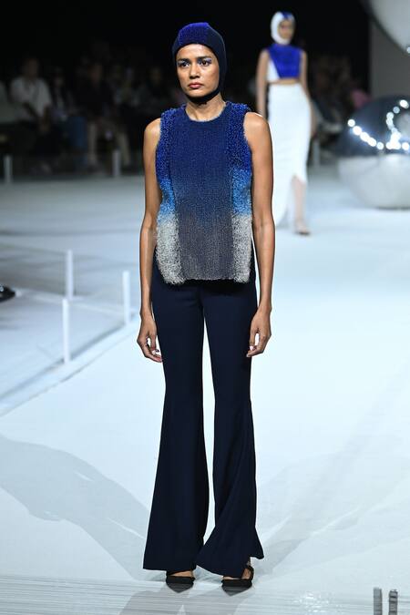 Shop_Somya Goyal_Blue Viscose, Polyester, Spandex Crew Neck Gradient Abyss Top _Online_at_Aza_Fashions