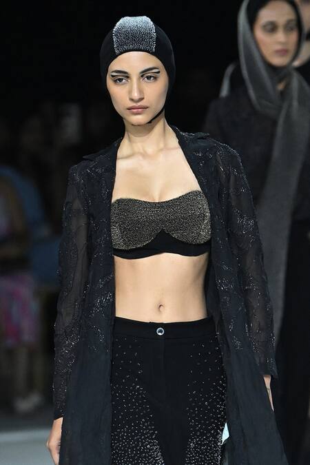 Somya Goyal_Black Viscose, Organza Open Neck Mystic Trench Shirt Jacket_Online_at_Aza_Fashions