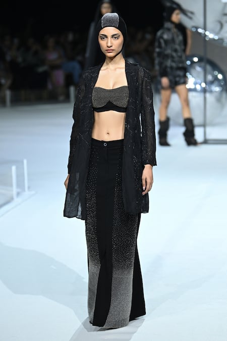 Buy_Somya Goyal_Black Viscose, Organza Open Neck Mystic Trench Shirt Jacket_Online_at_Aza_Fashions