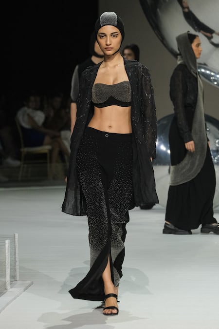 Somya Goyal Black Viscose, Organza Open Neck Mystic Trench Shirt Jacket
