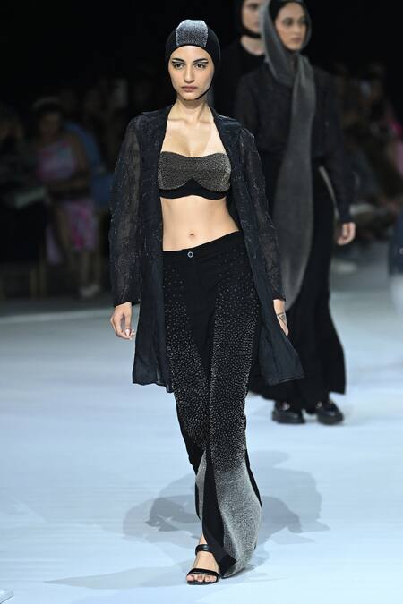 Shop_Somya Goyal_Black Viscose, Organza Open Neck Mystic Trench Shirt Jacket_Online_at_Aza_Fashions