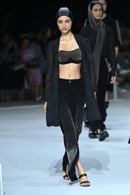 Somya Goyal_Black Viscose, Organza Open Neck Mystic Trench Shirt Jacket_at_Aza_Fashions