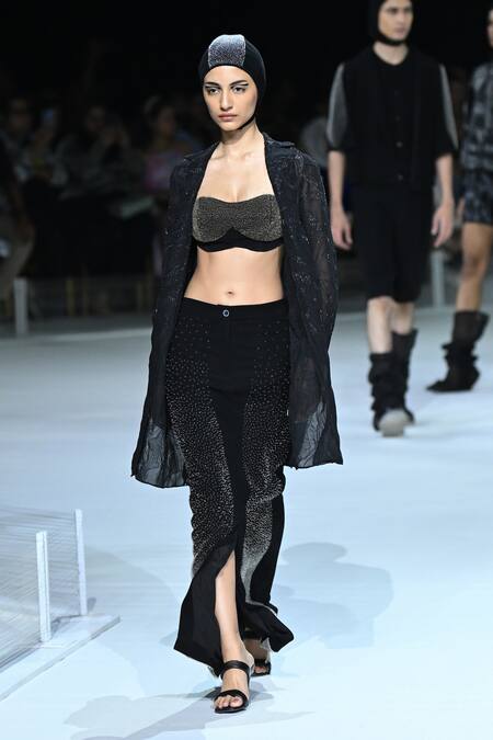 Buy_Somya Goyal_Black Viscose, Organza Open Neck Mystic Trench Shirt Jacket