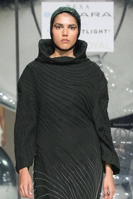 Somya Goyal_Green Viscose, Polyester, Spandex High Neck Mountain Flow Dress _Online_at_Aza_Fashions