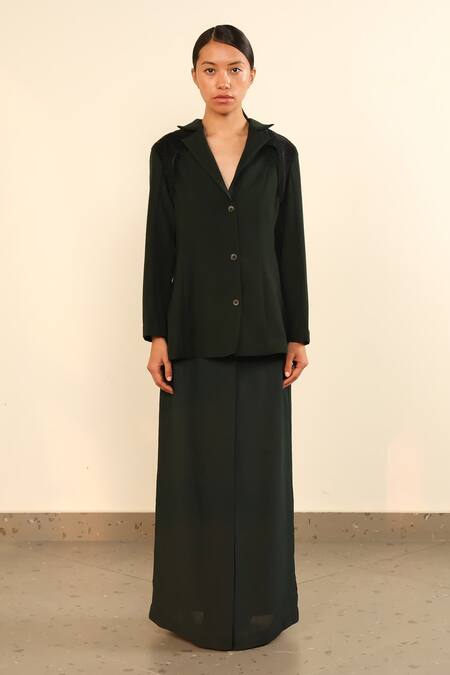 Somya Goyal Green Viscose, Polyester, Spandex Collared Forest Armour Jacket Online at Aza Fashions Somya Goyal_Green Viscose, Polyester, Spandex Collared Forest Armour Jacket_Online_at_Aza_Fashions