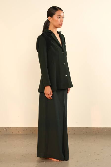 Buy Somya Goyal Green Viscose, Polyester, Spandex Collared Forest Armour Jacket Online at Aza Fashions Buy_Somya Goyal_Green Viscose, Polyester, Spandex Collared Forest Armour Jacket_Online_at_Aza_Fashions