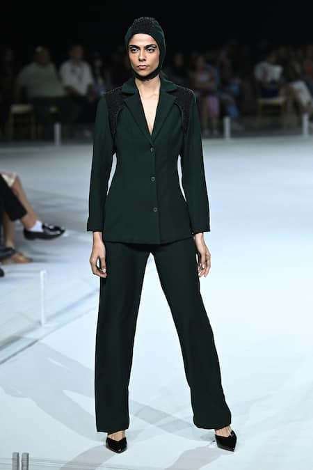 Somya Goyal Green Viscose, Polyester, Spandex Collared Forest Armour Jacket 