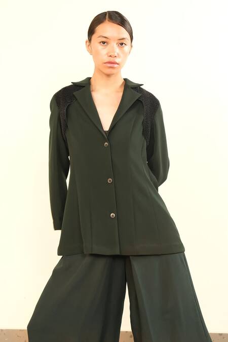 Somya Goyal Green Viscose, Polyester, Spandex Collared Forest Armour Jacket at Aza Fashions Somya Goyal_Green Viscose, Polyester, Spandex Collared Forest Armour Jacket_at_Aza_Fashions