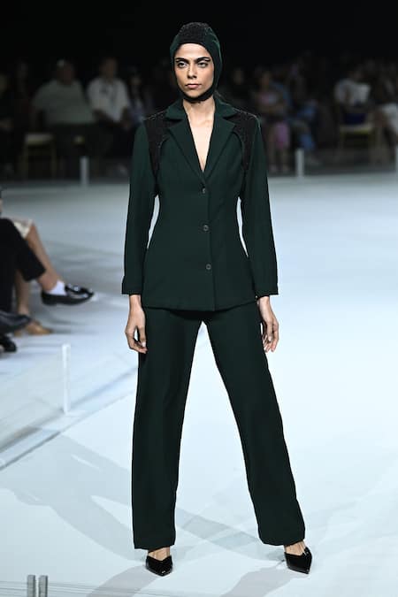 Somya Goyal_Green Viscose, Polyester, Spandex Forest Trousers _Online_at_Aza_Fashions