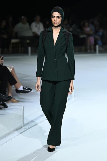 Buy_Somya Goyal_Green Viscose, Polyester, Spandex Forest Trousers _Online_at_Aza_Fashions