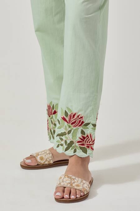 Shop_Priya Chaudhary_Green Cotton Embroidery Collared Machine Kurta And Pant Set _Online_at_Aza_Fashions