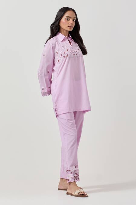 Priya Chaudhary_Pink Cotton Embroidery, Cut Work Collared Machine Kurta Pant Set _Online_at_Aza_Fashions