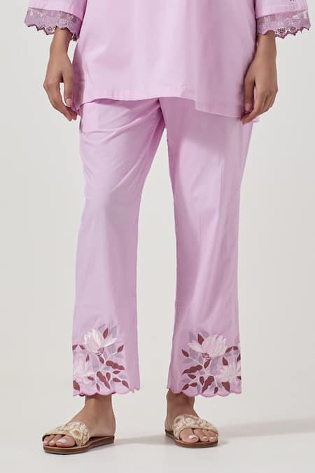 Shop_Priya Chaudhary_Pink Cotton Embroidery, Cut Work Collared Machine Kurta Pant Set _Online_at_Aza_Fashions