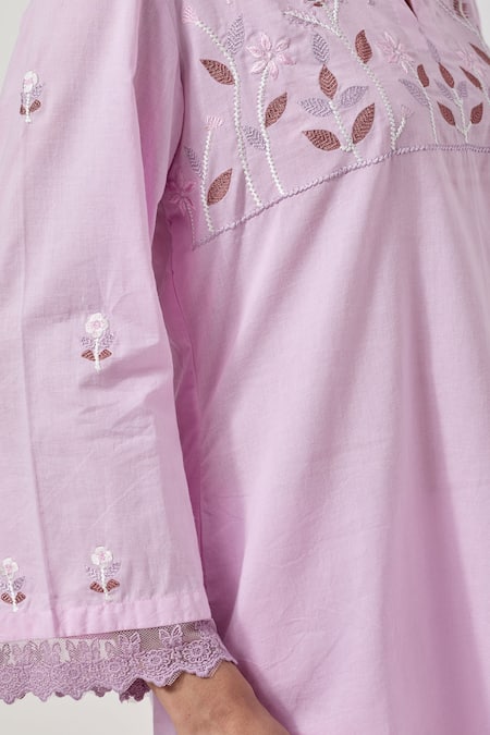 Priya Chaudhary_Pink Cotton Embroidery, Cut Work Collared Machine Kurta Pant Set _at_Aza_Fashions