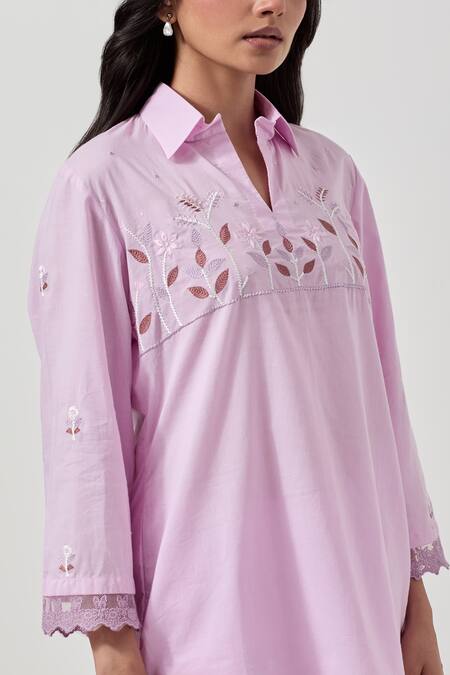 Buy_Priya Chaudhary_Pink Cotton Embroidery, Cut Work Collared Machine Kurta Pant Set 