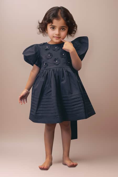Petite Pomme Black Cotton Applique, Pearls Bow Frock For Girls 