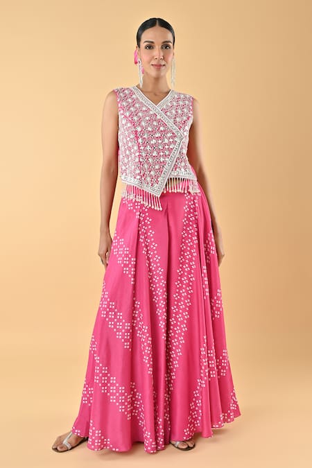 Keith Gomes Pink Chiffon, Crepe Embroidery V-neck Designer Set 