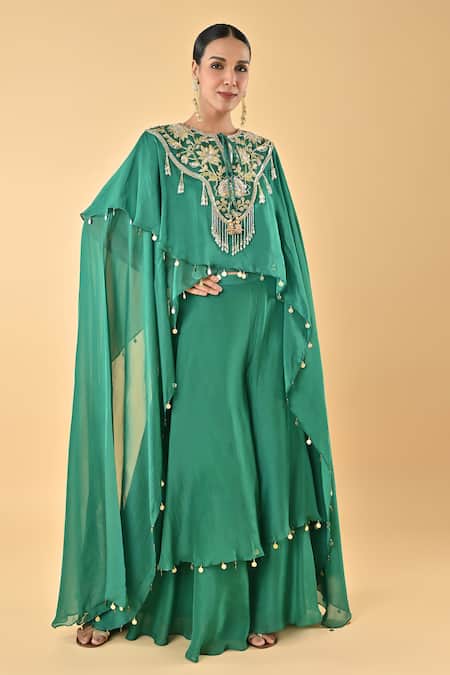 Keith Gomes Green Silk Organza Pom-poms Embroidered Cape Set 