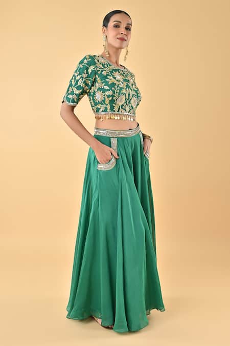 Shop_Keith Gomes_Green Silk Organza Tassels, Embroidery, Sequins Round Neck Set _Online_at_Aza_Fashions