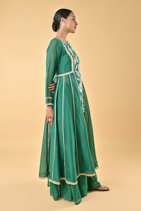 Shop Keith Gomes Green Silk Organza Embroidery, Zari Round Neck Tunic Set Online at Aza Fashions Shop_Keith Gomes_Green Silk Organza Embroidery, Zari Round Neck Tunic Set _Online_at_Aza_Fashions