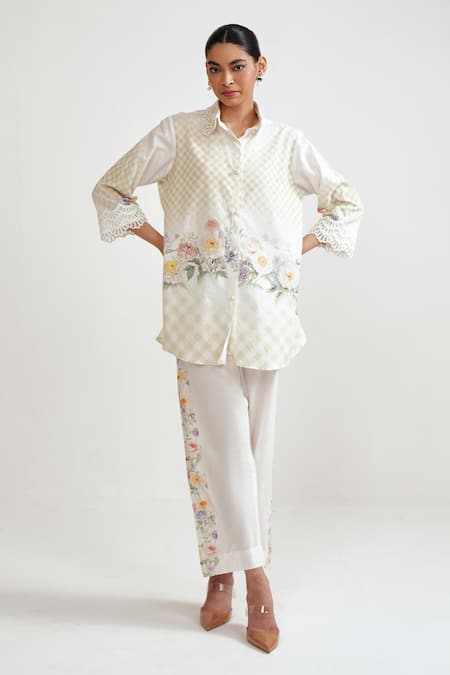 Rainas Yellow Cotton, Linen Embroidery, Lace Collared Meadow Check Shirt And Pant Set 