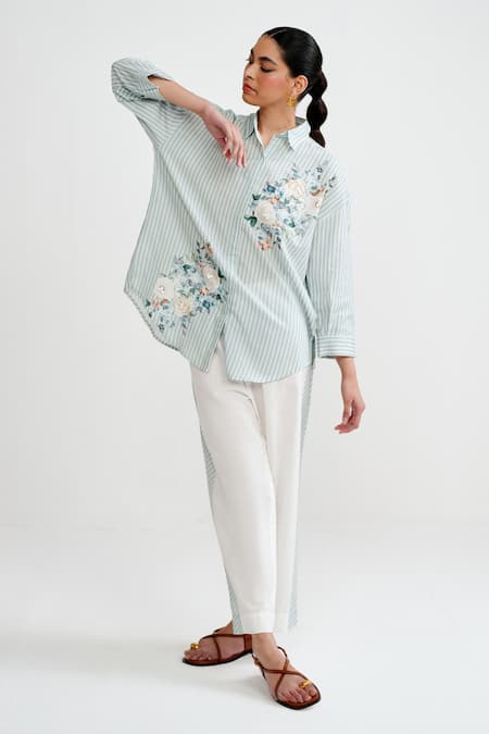 Rainas Aqua Cotton, Linen Embroidery Collared Floral Set 