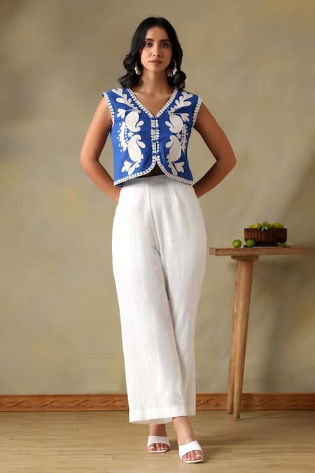 Tashee Blue Cotton Embroidery V-neck Jacket With Ivory Pants
