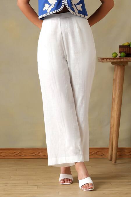 Buy_Tashee_Blue Cotton Embroidery V-neck Jacket With Ivory Pants 