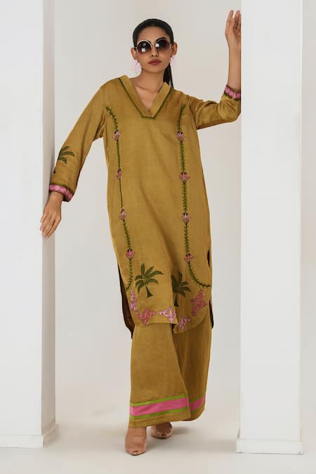 Saahiil Kapoor Mustard Embroidered Kurta Pant Set 
