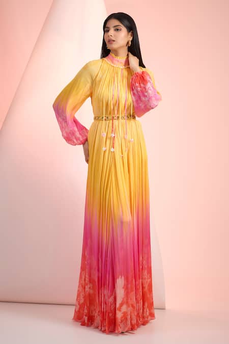 Mandira Wirk Resort Yellow Chiffon Embroidery Round Neck Printed And Pink Dress 