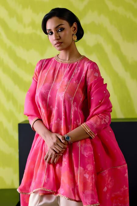 Deep Thee_Fuchsia Crepe, Silk, Organza Zari Round Neck Pink Floral Anarkali Set _Online_at_Aza_Fashions