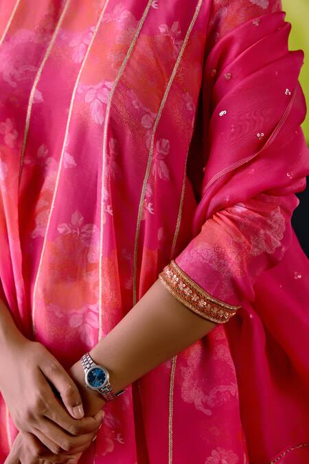 Buy_Deep Thee_Fuchsia Crepe, Silk, Organza Zari Round Neck Pink Floral Anarkali Set _Online_at_Aza_Fashions