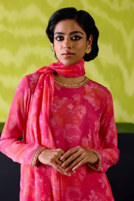 Deep Thee_Fuchsia Crepe, Silk, Organza Sequins Round Neck Pink Floral Print Kurta Set _Online_at_Aza_Fashions