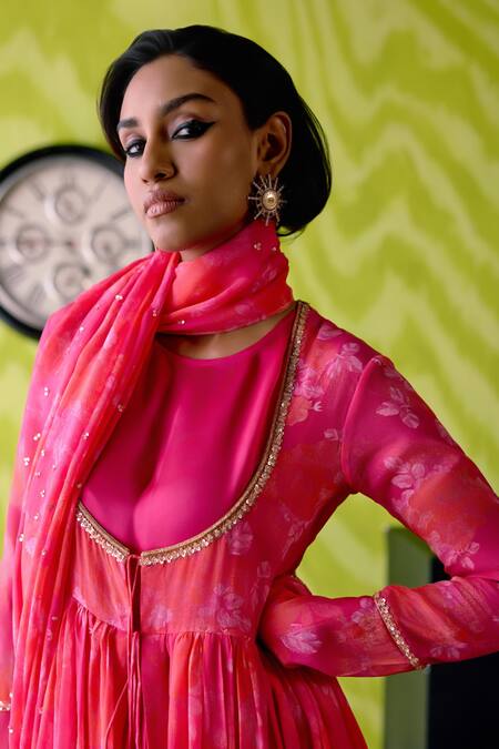 Deep Thee_Fuchsia Crepe, Silk, Chanderi Sequins Round Floral Print Gather Anarkali Set _Online_at_Aza_Fashions
