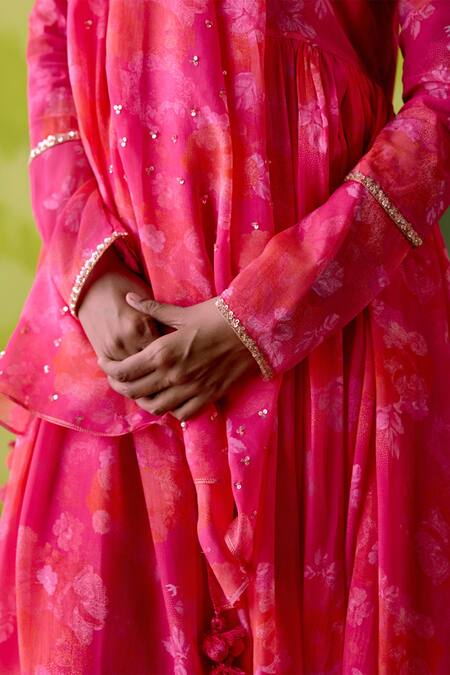 Buy_Deep Thee_Fuchsia Crepe, Silk, Chanderi Sequins Round Floral Print Gather Anarkali Set _Online_at_Aza_Fashions
