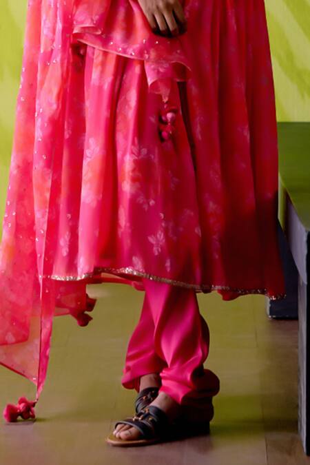 Shop_Deep Thee_Fuchsia Crepe, Silk, Chanderi Sequins Round Floral Print Gather Anarkali Set _Online_at_Aza_Fashions