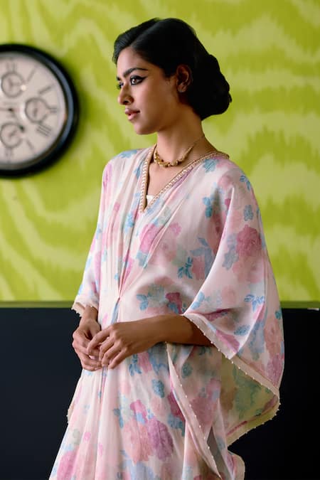 Deep Thee_Ivory Crepe, Silk Cut Work V-neck Floral Print Kaftan _Online_at_Aza_Fashions