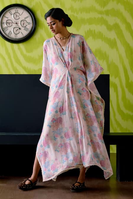 Buy_Deep Thee_Ivory Crepe, Silk Cut Work V-neck Floral Print Kaftan _Online_at_Aza_Fashions