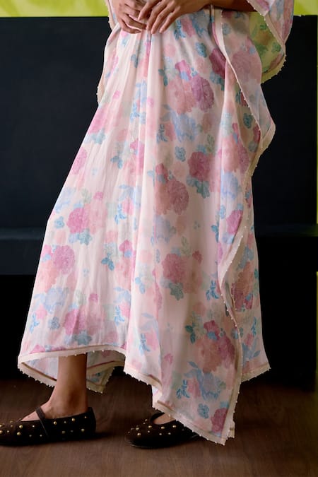 Shop_Deep Thee_Ivory Crepe, Silk Cut Work V-neck Floral Print Kaftan _Online_at_Aza_Fashions