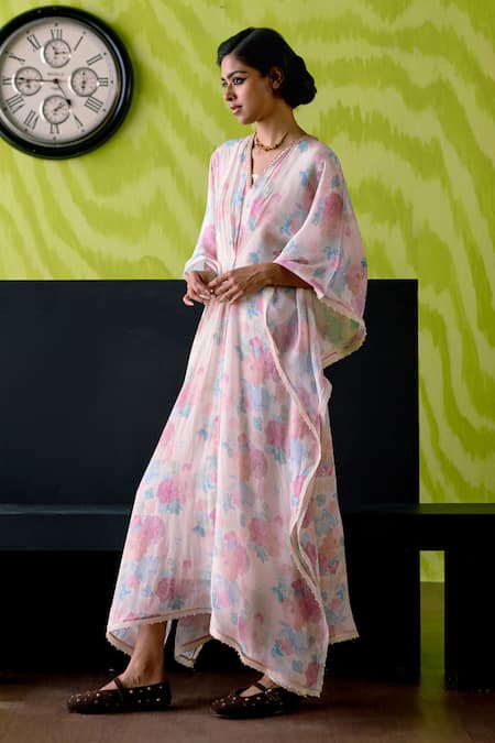 Deep Thee_Ivory Crepe, Silk Cut Work V-neck Floral Print Kaftan _at_Aza_Fashions