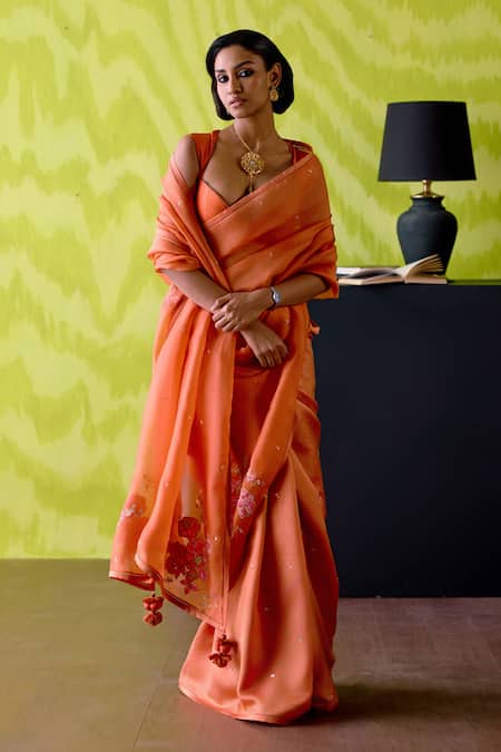 Deep Thee Rust Orange Appliqued Saree Set 