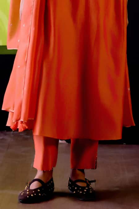 Deep Thee_Orange Chanderi, Organza Sequins Round Neck Rust A-line Kurta Set _Online_at_Aza_Fashions