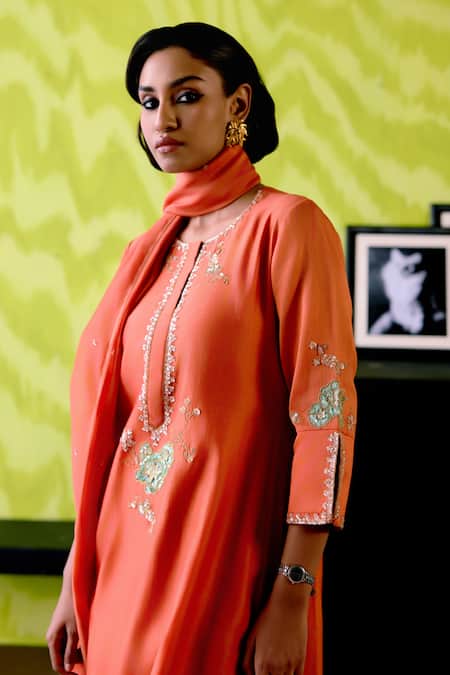 Shop_Deep Thee_Orange Chanderi, Organza Sequins Round Neck Rust A-line Kurta Set _Online_at_Aza_Fashions