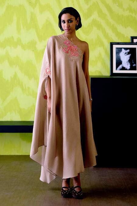 Deep Thee_Beige Chanderi Cut Work, Zari One Shoulder Mocha Dress _Online_at_Aza_Fashions