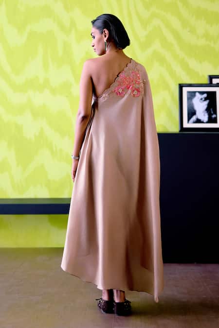 Deep Thee Mocha One Shoulder Chanderi Dress 