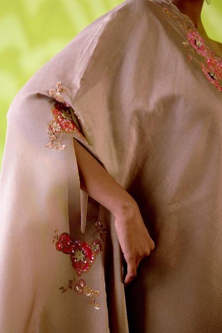 Buy_Deep Thee_Beige Chanderi Cut Work, Zari One Shoulder Mocha Dress _Online_at_Aza_Fashions