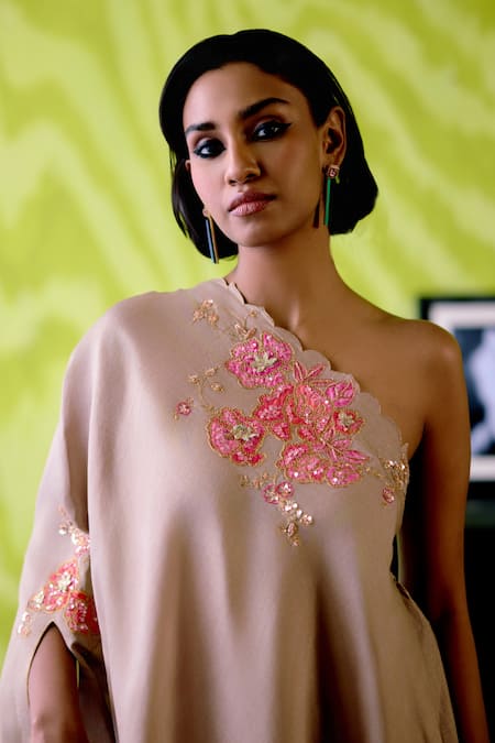 Shop_Deep Thee_Beige Chanderi Cut Work, Zari One Shoulder Mocha Dress _Online_at_Aza_Fashions