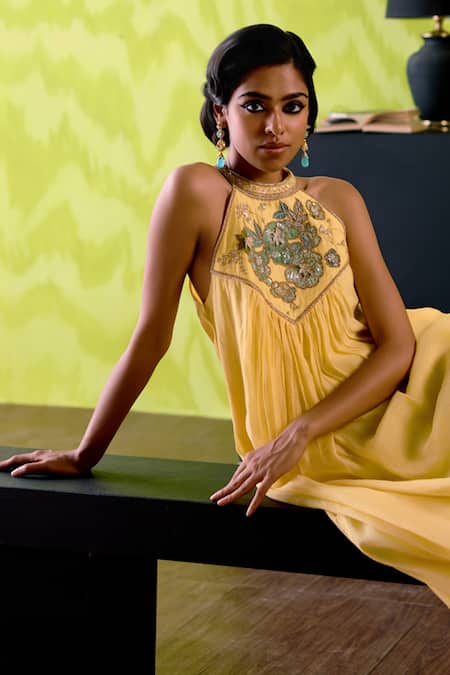 Deep Thee Yellow Chanderi Embroidery, Zari Halter Neck Buttercup Dress Online at Aza Fashions Deep Thee_Yellow Chanderi Embroidery, Zari Halter Neck Buttercup Dress _Online_at_Aza_Fashions