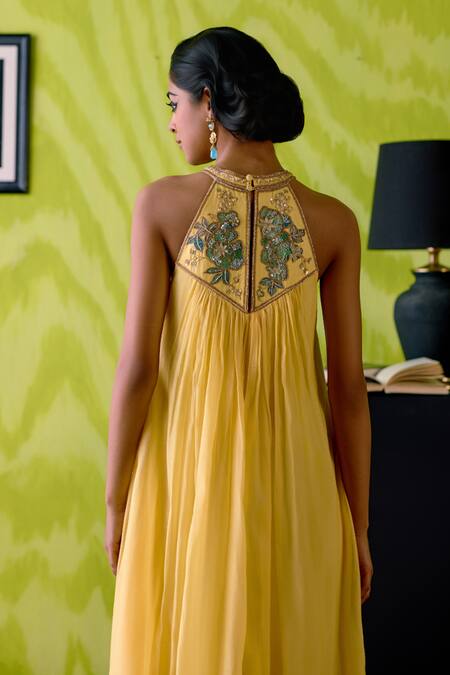 Buy Deep Thee Yellow Chanderi Embroidery, Zari Halter Neck Buttercup Dress Online at Aza Fashions Buy_Deep Thee_Yellow Chanderi Embroidery, Zari Halter Neck Buttercup Dress _Online_at_Aza_Fashions